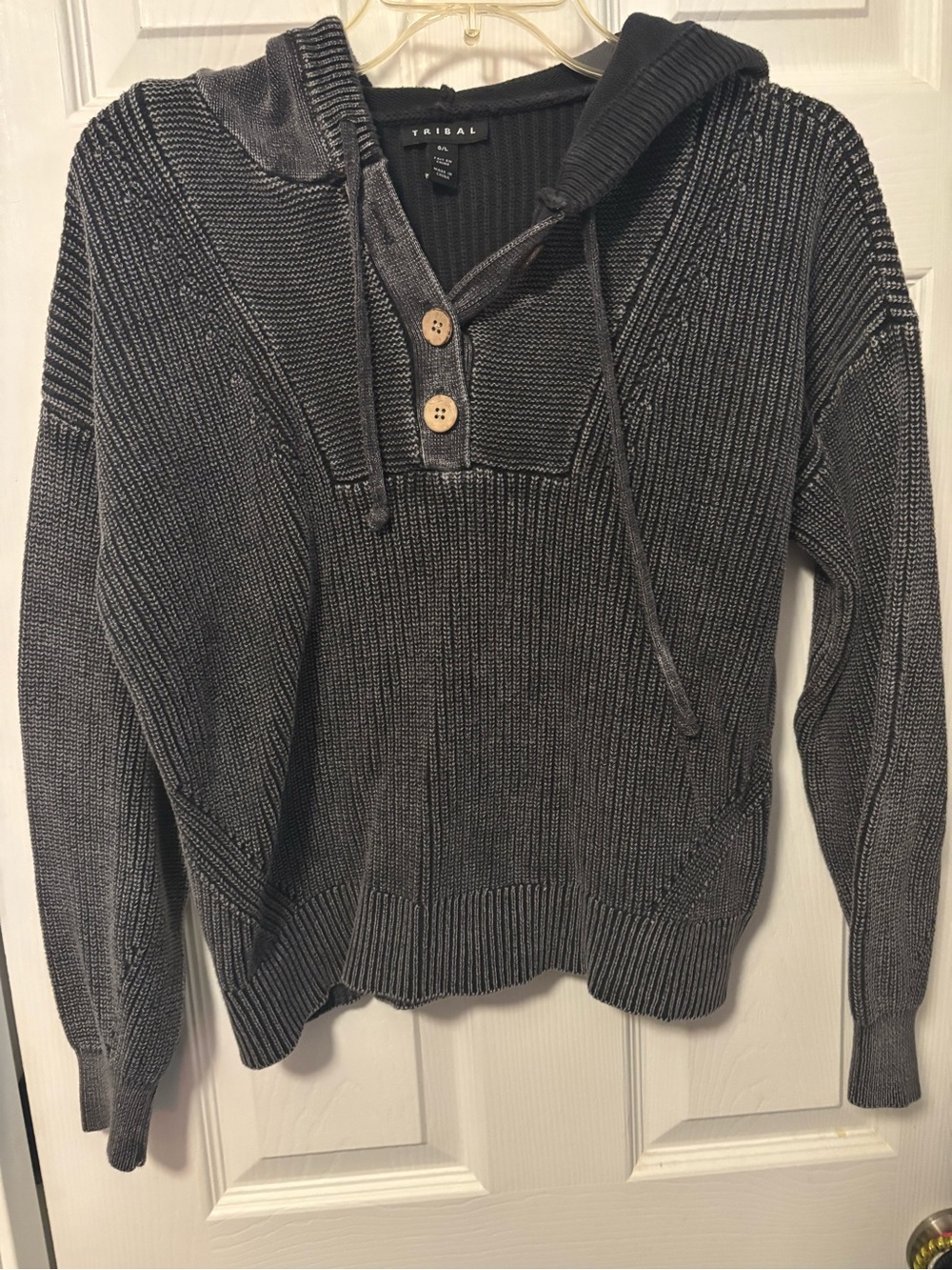 Tribal Brushed Navy/Grey Hooded Knit Sweater - 100% Cotton - Size L